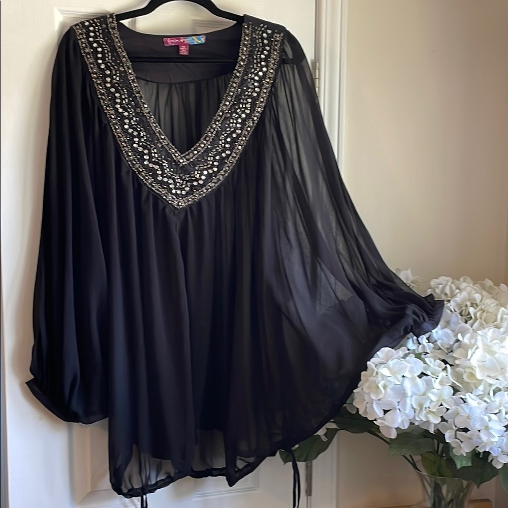 Sheer Perfection 💋 Incredible Embroidered Beadwork Embellished Black Blouse